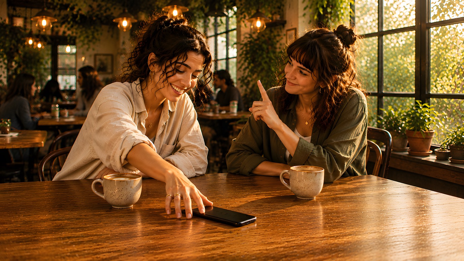 Two friends at a cafe table. One slides her phone face down while the other holds up a finger to say no.