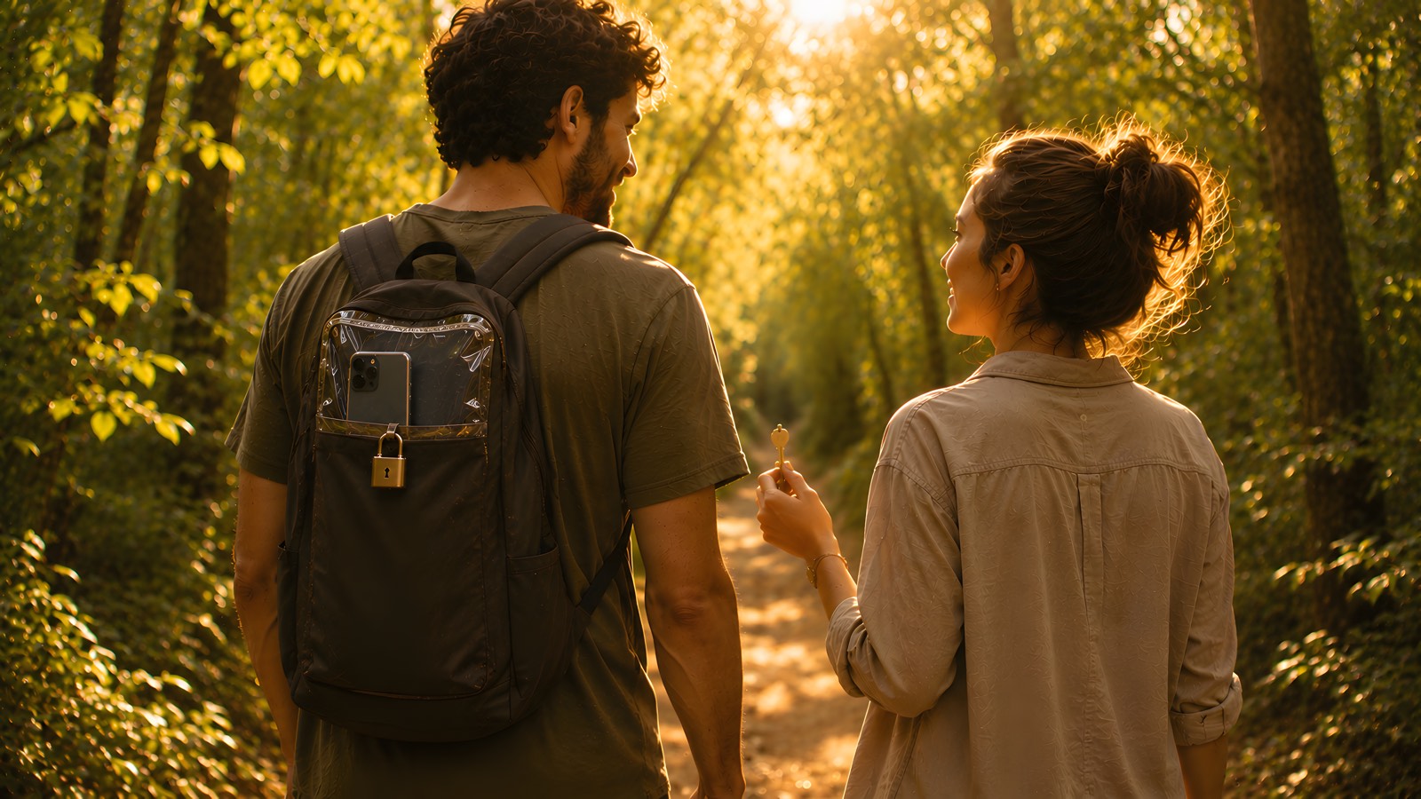 A couple walking a woodland path. One carries a phone locked away in their backpack while the other holds the key.