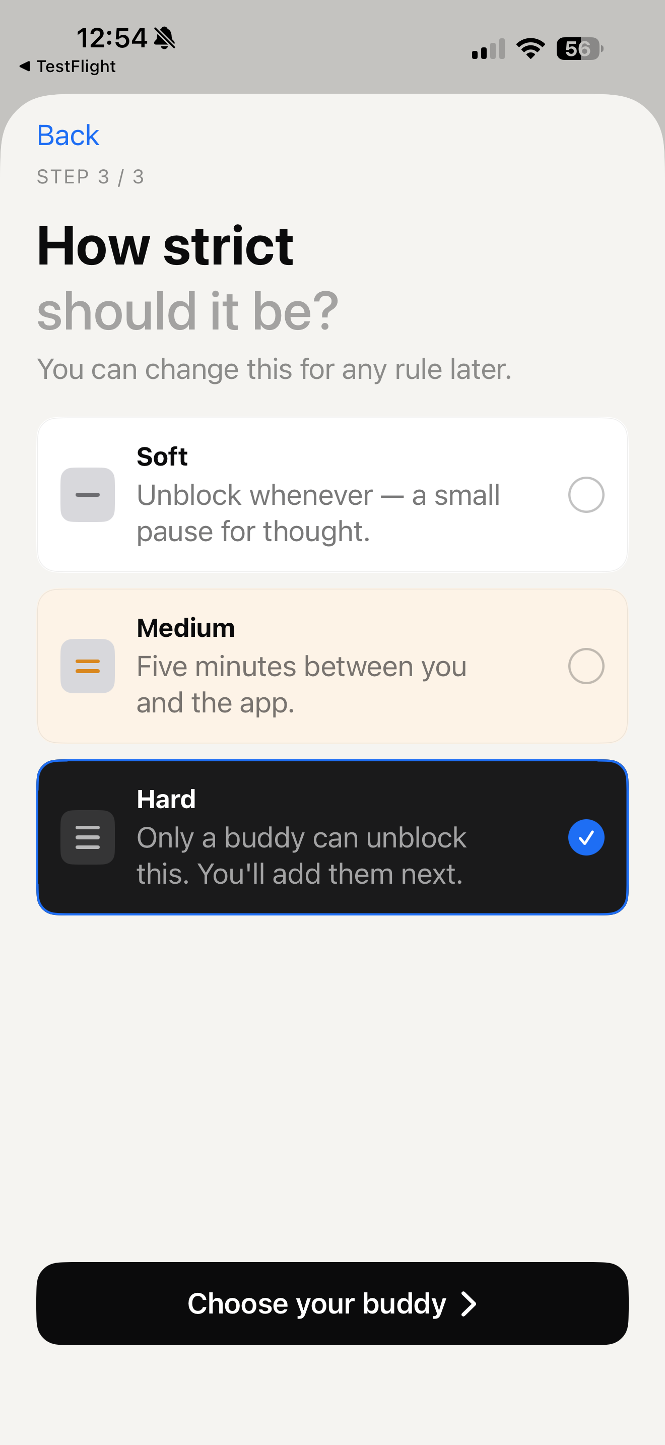 Lock level picker — Soft, Medium, and Hard options