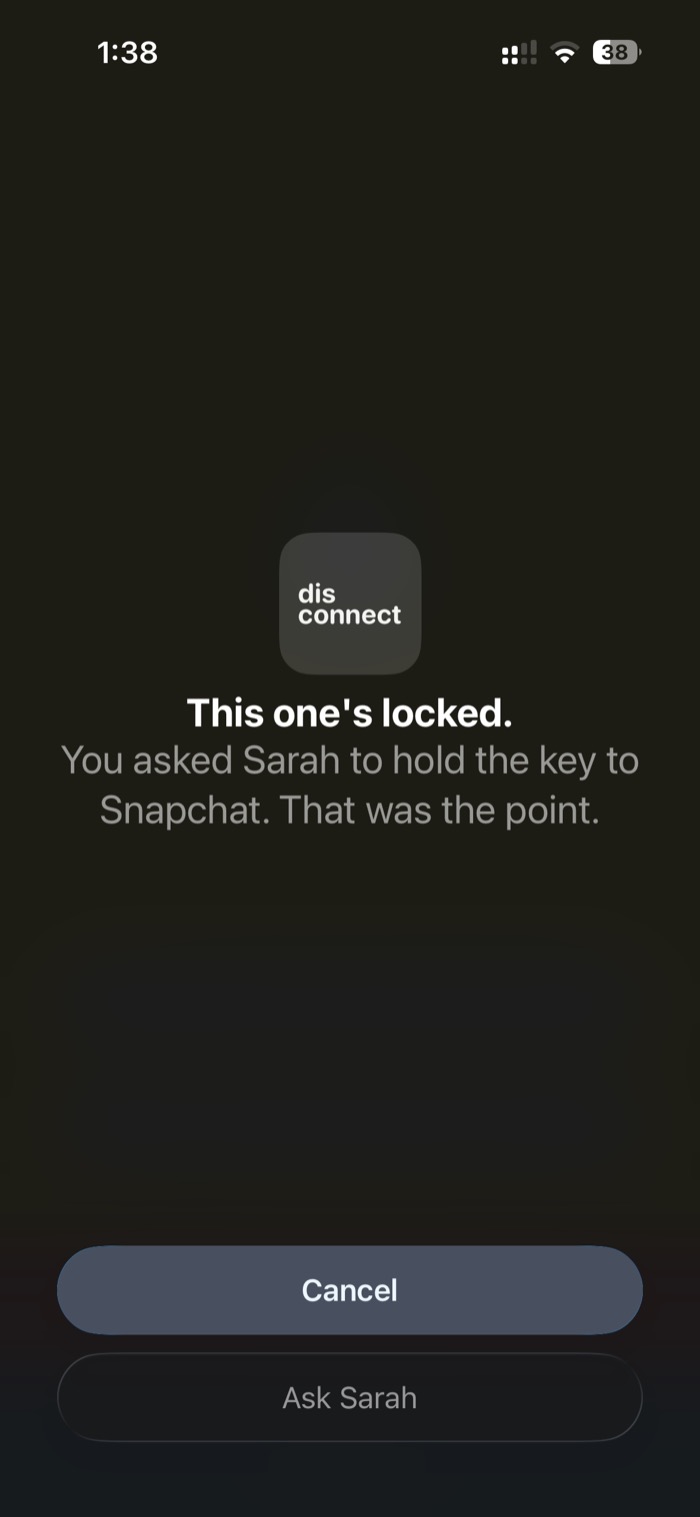A blocked app showing the Disconnect lock screen