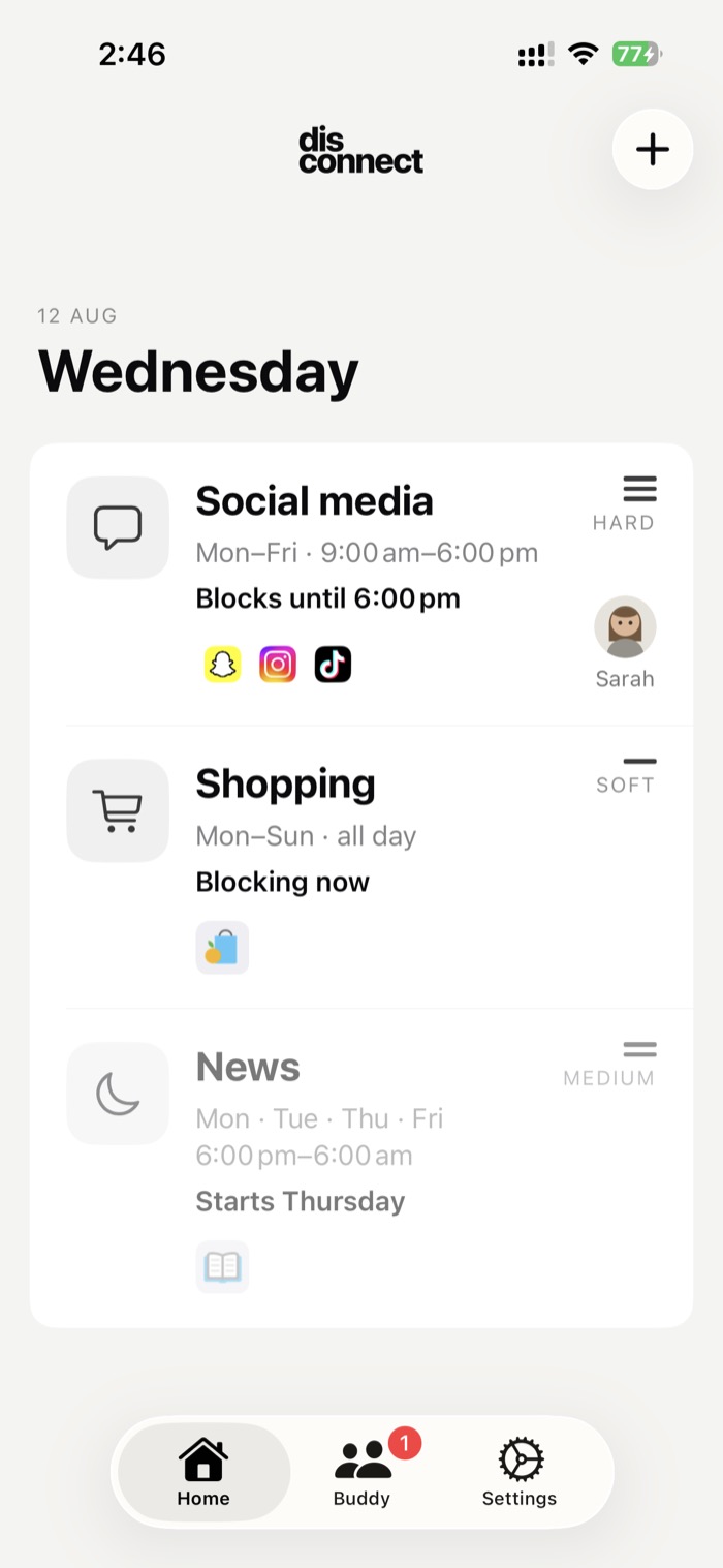 Home screen showing active blocking rules