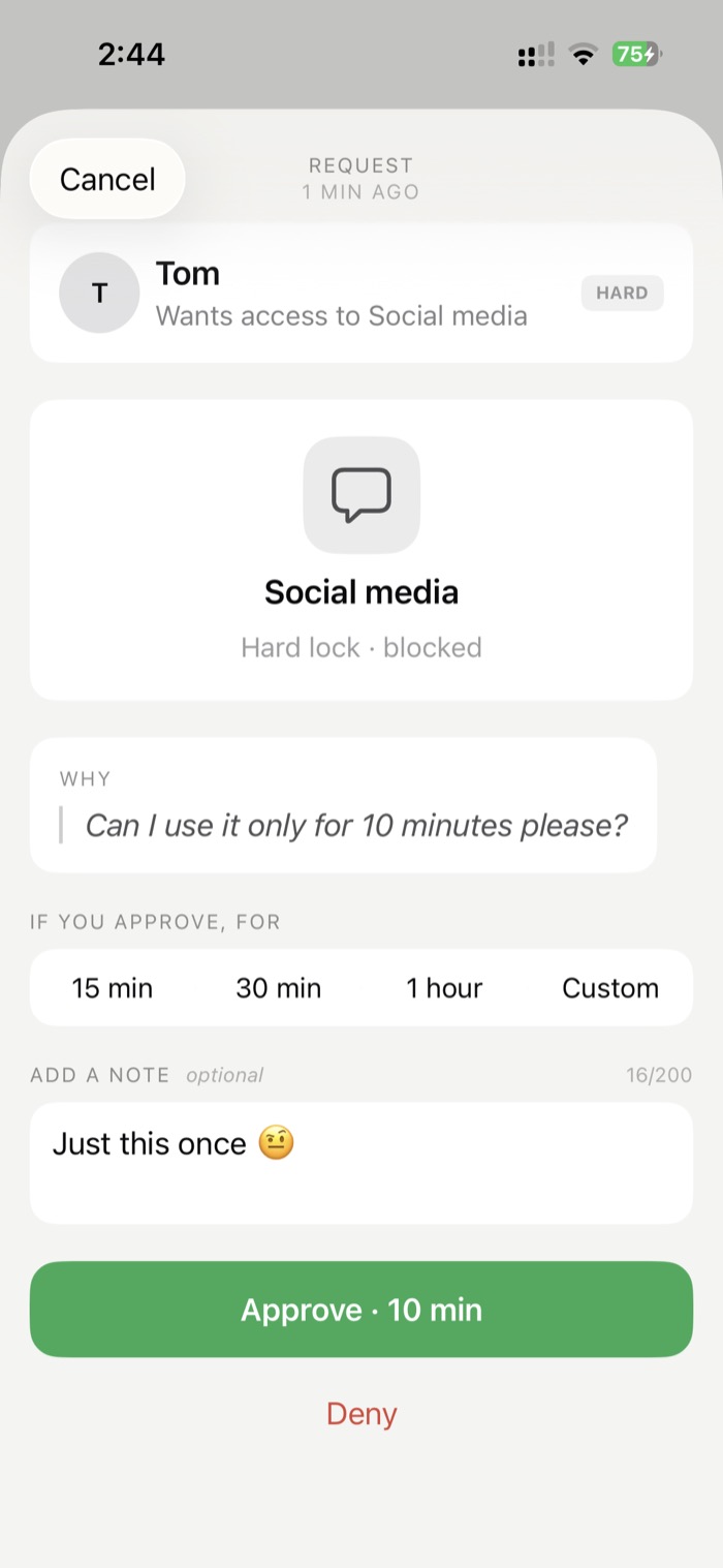 A buddy approving or denying a request